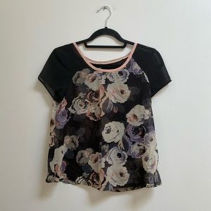 AEO Black Floral Chiffon Tee XS
